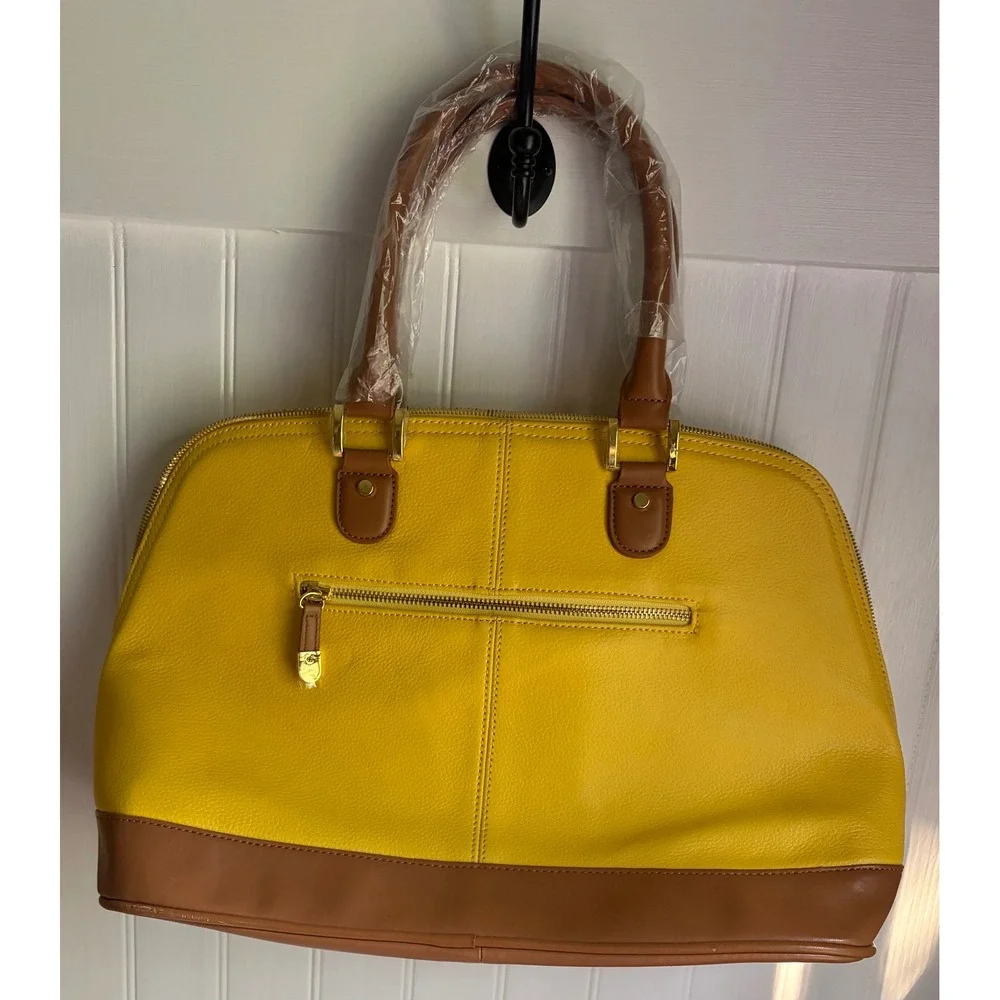 Joy & Iman Yellow Tan Split Leather Satchel Handbag Set with Wallet and Clock